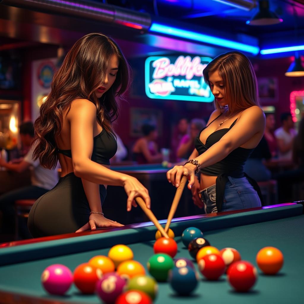 Two beautiful, sexy brunettes engaged in an exciting game of pool in a lively local bar