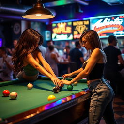 Two beautiful, sexy brunettes engaged in an exciting game of pool in a lively local bar