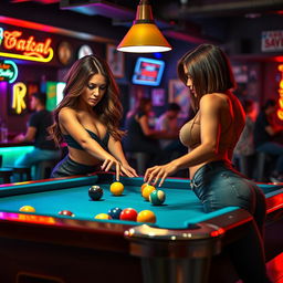Two beautiful, sexy brunettes engaged in an exciting game of pool in a lively local bar