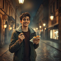 A beautifully crafted movie frame depicting a young hero in the afterlife, leisurely walking through the old streets of Kyiv late at night