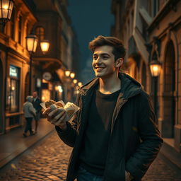 A beautifully crafted movie frame depicting a young hero in the afterlife, leisurely walking through the old streets of Kyiv late at night