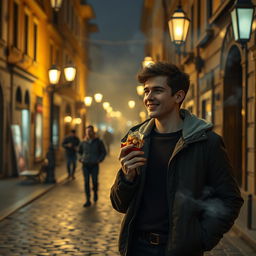 A beautifully crafted movie frame depicting a young hero in the afterlife, leisurely walking through the old streets of Kyiv late at night