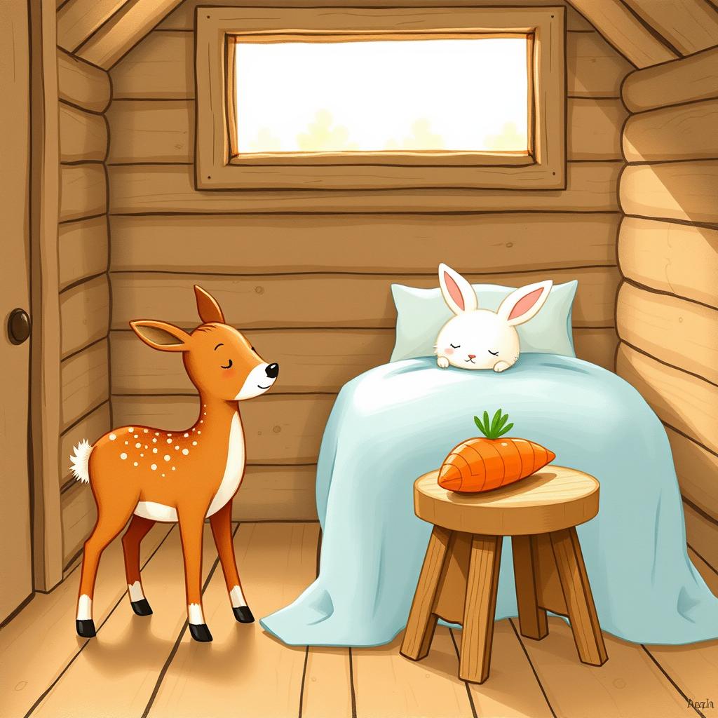 In a cozy wooden cabin, a small brown spotted deer stands next to a brown wooden stool