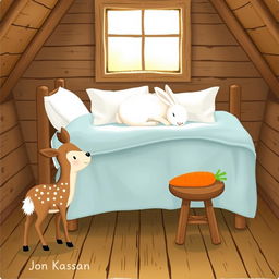 In a cozy wooden cabin, a small brown spotted deer stands next to a brown wooden stool