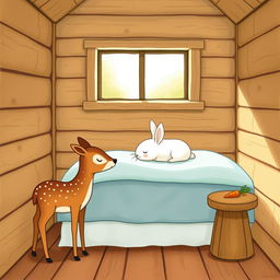 In a cozy wooden cabin, a small brown spotted deer stands next to a brown wooden stool