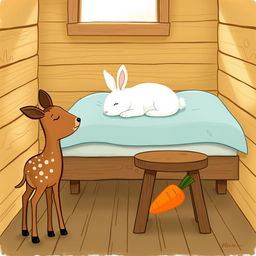 In a cozy wooden cabin, a small brown spotted deer stands next to a brown wooden stool