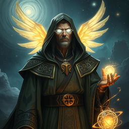 A blind Aasimar sorcerer in a grand, mystical setting, wearing ornate robes adorned with celestial motifs and glowing runes