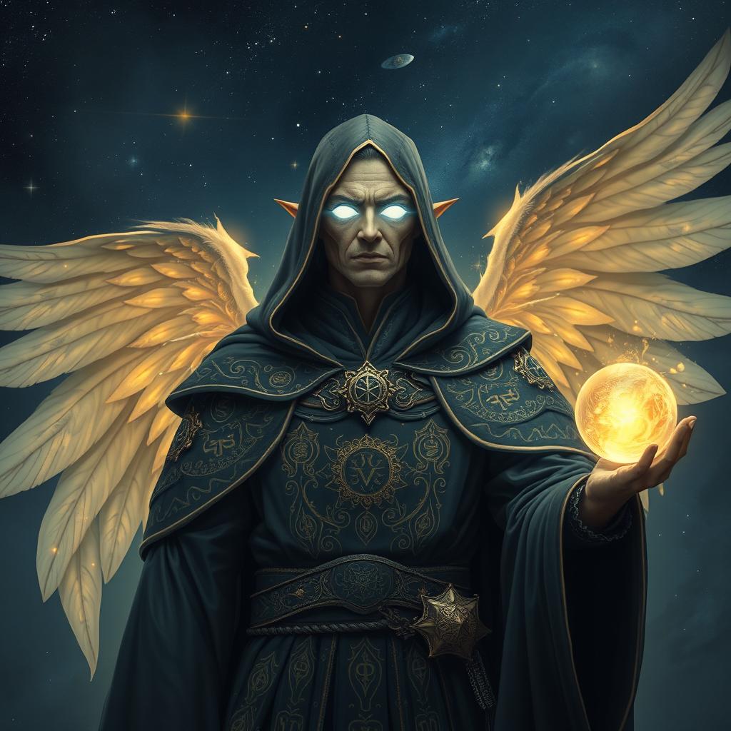 A blind Aasimar sorcerer in a grand, mystical setting, wearing ornate robes adorned with celestial motifs and glowing runes