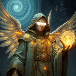 A blind Aasimar sorcerer in a grand, mystical setting, wearing ornate robes adorned with celestial motifs and glowing runes