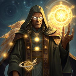 A blind Aasimar sorcerer in a grand, mystical setting, wearing ornate robes adorned with celestial motifs and glowing runes