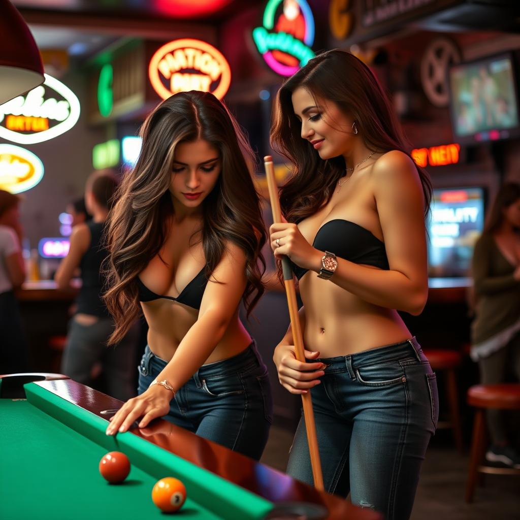 Two sexy Caucasian brunettes in a lively local bar, both wearing tight jeans and low-cut tops that expose some cleavage, enhancing their alluring figures