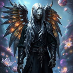 A black fit Aasimar sorcerer with striking silver hair cascading down their back, wearing a sleek white blindfold that adds an air of mystery