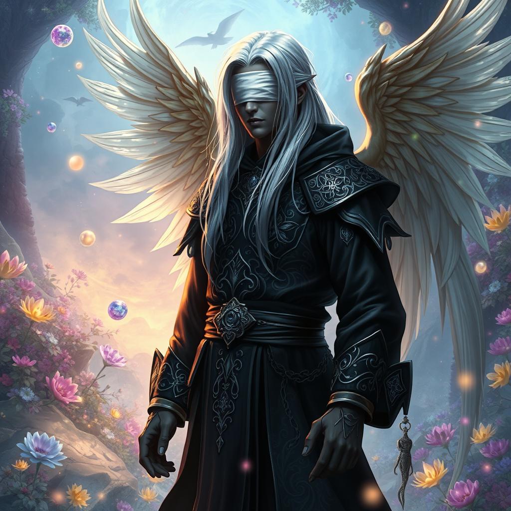 A black fit Aasimar sorcerer with striking silver hair cascading down their back, wearing a sleek white blindfold that adds an air of mystery