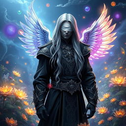 A black fit Aasimar sorcerer with striking silver hair cascading down their back, wearing a sleek white blindfold that adds an air of mystery