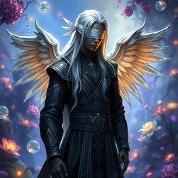 A black fit Aasimar sorcerer with striking silver hair cascading down their back, wearing a sleek white blindfold that adds an air of mystery