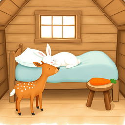 In a cozy wooden cabin, a small brown spotted deer stands next to a brown wooden stool