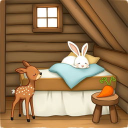 In a cozy wooden cabin, a small brown spotted deer stands next to a brown wooden stool