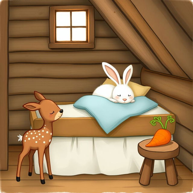 In a cozy wooden cabin, a small brown spotted deer stands next to a brown wooden stool