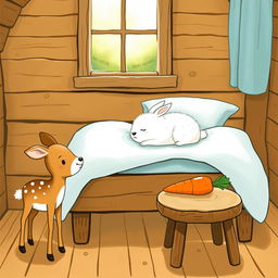 In a cozy wooden cabin, a small brown spotted deer stands next to a brown wooden stool