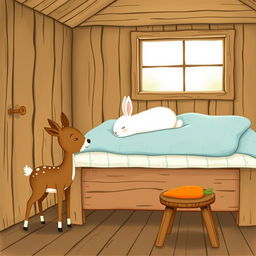 In a cozy wooden cabin, a small brown spotted deer stands next to a brown wooden stool
