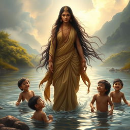 A dramatic depiction of Ganga, the river goddess from the Mahabharata, standing on the banks of a flowing river with a calm yet sorrowful expression