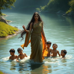 A dramatic depiction of Ganga, the river goddess from the Mahabharata, standing on the banks of a flowing river with a calm yet sorrowful expression