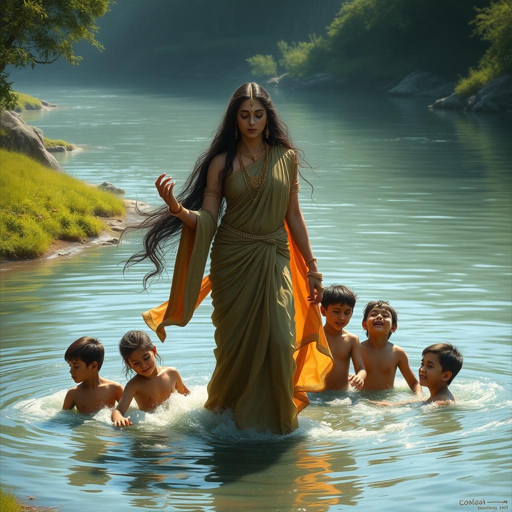 A dramatic depiction of Ganga, the river goddess from the Mahabharata, standing on the banks of a flowing river with a calm yet sorrowful expression