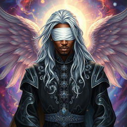 An African American Aasimar sorcerer with striking silver hair flowing elegantly around their shoulders, adorned with a sleek white blindfold that adds an air of mystery