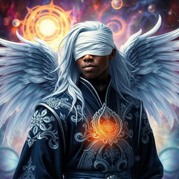 An African American Aasimar sorcerer with striking silver hair flowing elegantly around their shoulders, adorned with a sleek white blindfold that adds an air of mystery