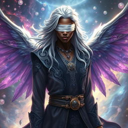 An African American Aasimar sorcerer with striking silver hair flowing elegantly around their shoulders, adorned with a sleek white blindfold that adds an air of mystery