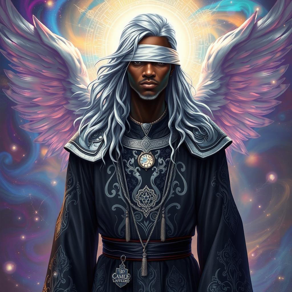 An African American Aasimar sorcerer with striking silver hair flowing elegantly around their shoulders, adorned with a sleek white blindfold that adds an air of mystery