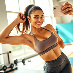 A fit girl taking a dynamic selfie in a bright and airy gym environment
