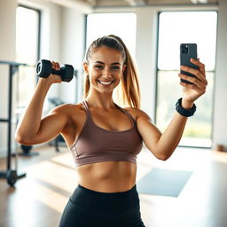 A fit girl taking a dynamic selfie in a bright and airy gym environment
