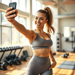 A fit girl taking a dynamic selfie in a bright and airy gym environment