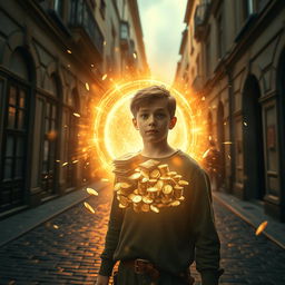 A thrilling movie frame showcasing a young hero in the other world, standing on the cobblestone streets of old Kyiv