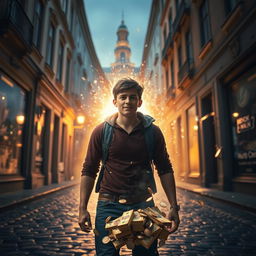 A thrilling movie frame showcasing a young hero in the other world, standing on the cobblestone streets of old Kyiv