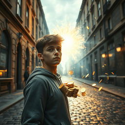 A thrilling movie frame showcasing a young hero in the other world, standing on the cobblestone streets of old Kyiv