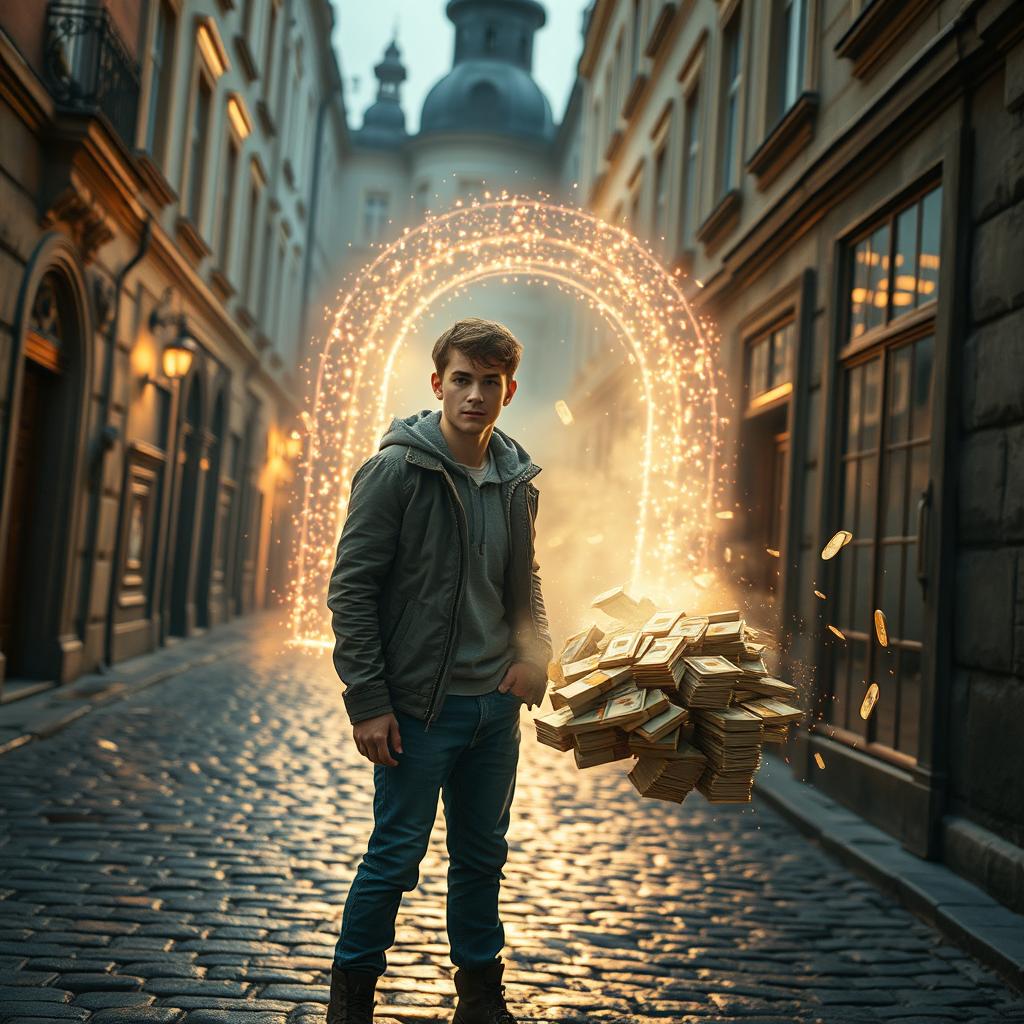 A thrilling movie frame showcasing a young hero in the other world, standing on the cobblestone streets of old Kyiv