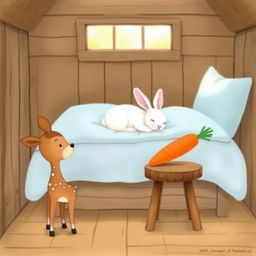 In a charming wooden cabin, a small brown spotted deer stands next to a brown wooden stool