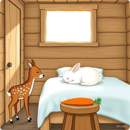 In a charming wooden cabin, a small brown spotted deer stands next to a brown wooden stool