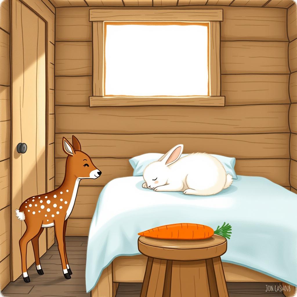 In a charming wooden cabin, a small brown spotted deer stands next to a brown wooden stool