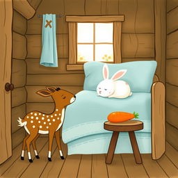In a charming wooden cabin, a small brown spotted deer stands next to a brown wooden stool