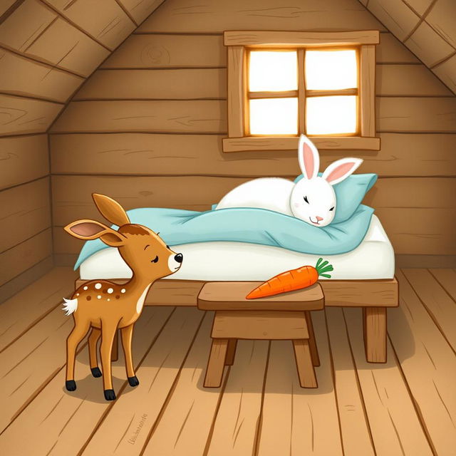 In a charming wooden cabin, a small brown spotted deer stands next to a brown wooden stool