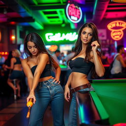 Two sexy Caucasian brunettes in a lively local bar, both dressed in tight jeans and form-fitting tube tops that highlight their busty figures