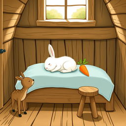 In a charming wooden cabin, a small brown spotted deer stands beside a rustic brown wooden stool