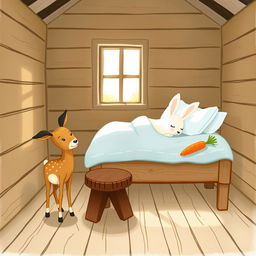 In a charming wooden cabin, a small brown spotted deer stands beside a rustic brown wooden stool