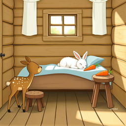 In a charming wooden cabin, a small brown spotted deer stands beside a rustic brown wooden stool