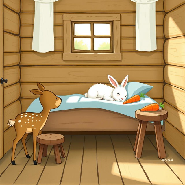 In a charming wooden cabin, a small brown spotted deer stands beside a rustic brown wooden stool