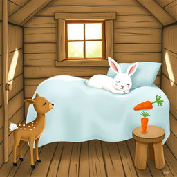 In a charming wooden cabin, a small brown spotted deer stands beside a rustic brown wooden stool
