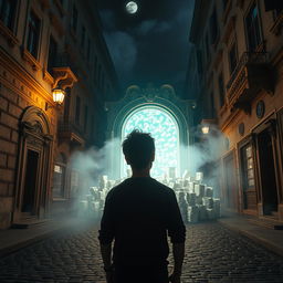 A captivating movie frame featuring a young hero viewed from behind, standing on the old, cobblestone streets of Kyiv